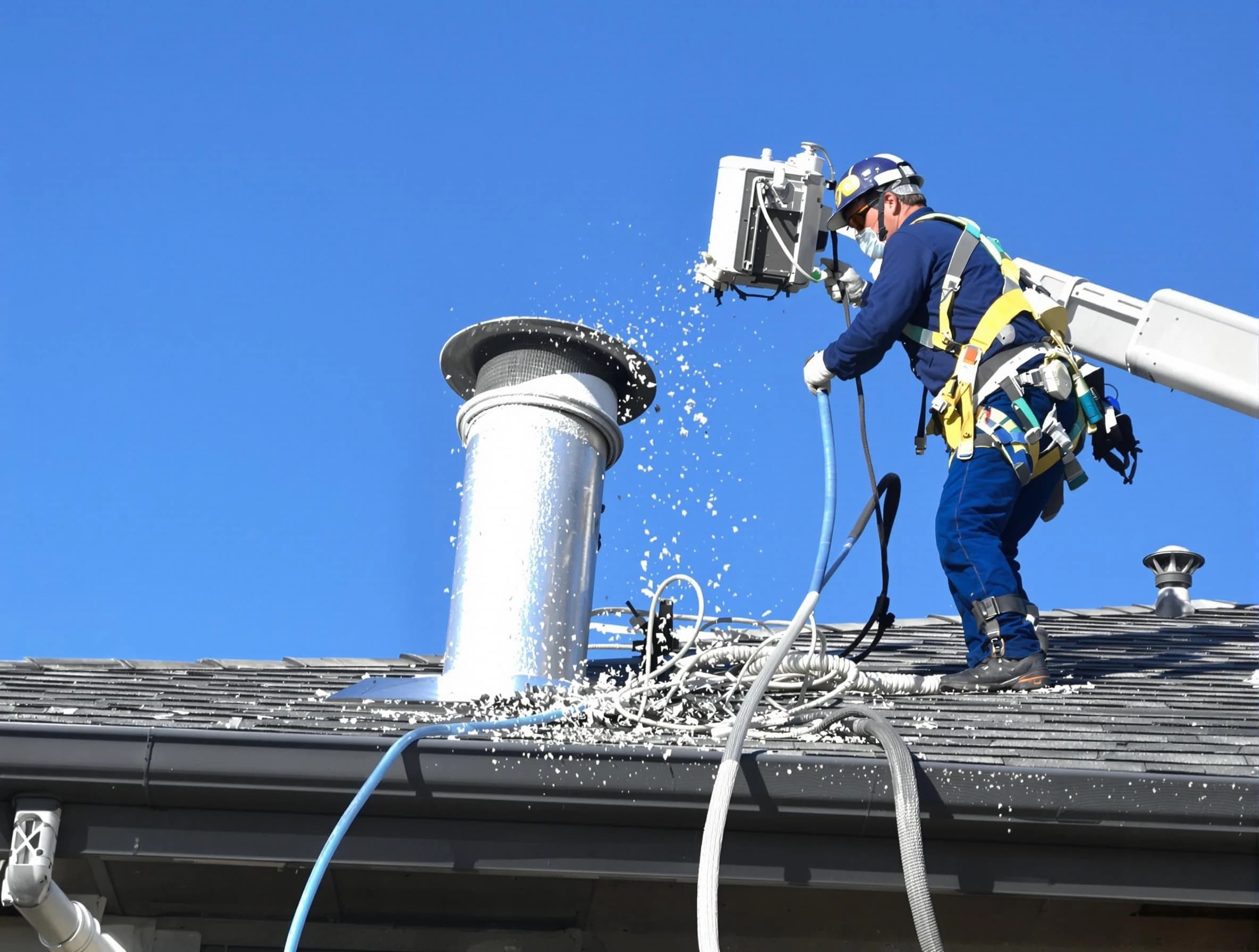 Bessemer Dryer Vent Cleaning certified technician safely cleaning a roof-mounted dryer vent in Bessemer