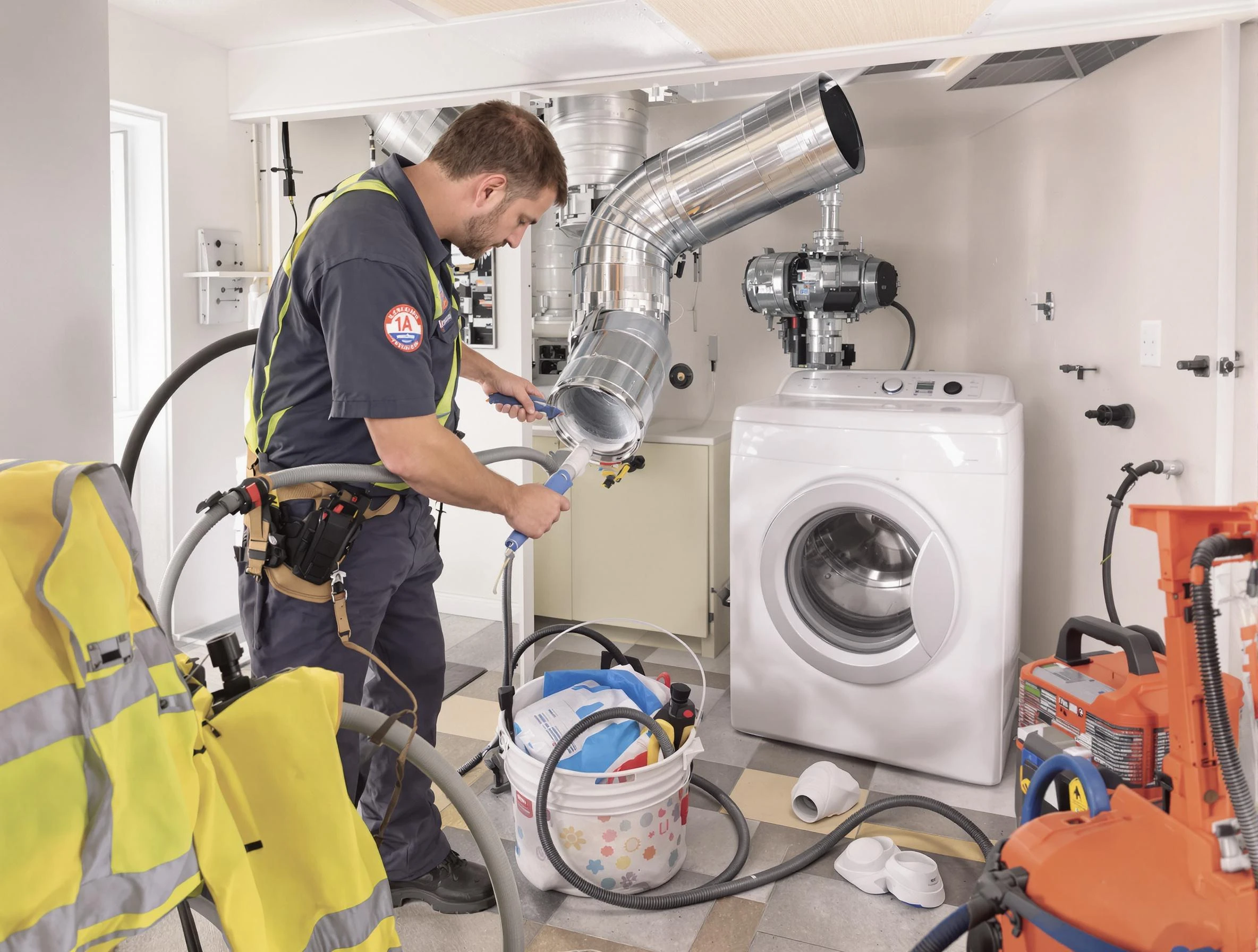 Bessemer Dryer Vent Cleaning technician using specialized equipment to clear severe dryer vent blockage in Bessemer